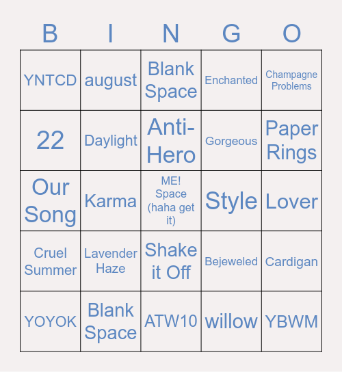 The "We Sing it Proudly" Board (likely songs) Bingo Card