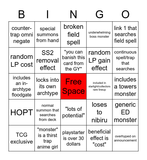 Modern YuGiOh Bingo Card