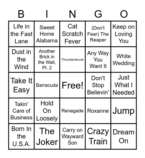 Classic Rock Bingo Card