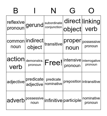 Parts of Speech Bingo Card