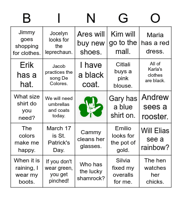 ASL St. Patrick's Day/De Colores/Clothes Bingo Card