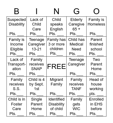 Systematic Selection Points Bingo Card