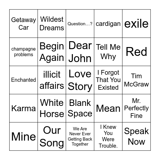 Taylor Swift Bingo Card