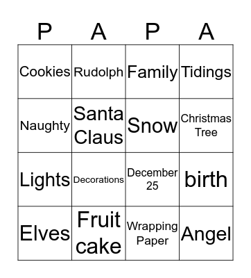 PAPARAZZI Christmas  Bingo Card