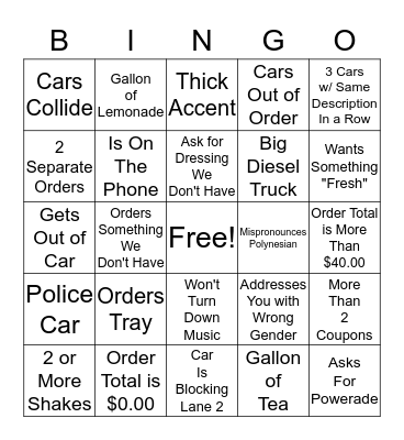 Drive-Thru Bingo Card