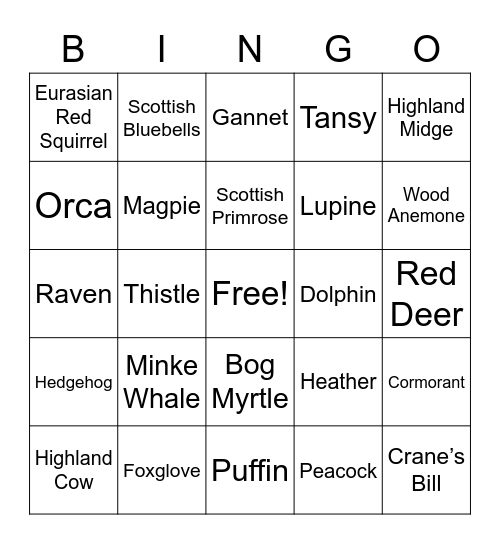 Scottish Wildlife Bingo Card