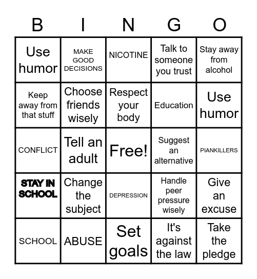 DRUG PREVENTION Bingo Card