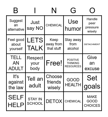 DRUG PREVENTION Bingo Card