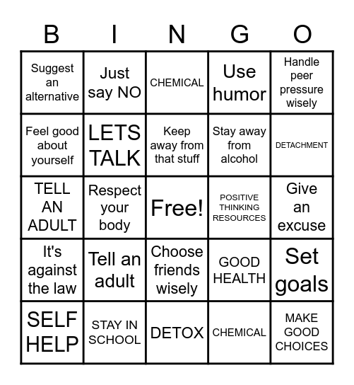 DRUG PREVENTION Bingo Card