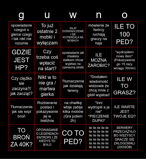 Entropia bingo gambit Bingo Card