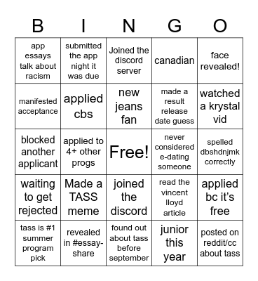 TASS Applicant Bingo Card