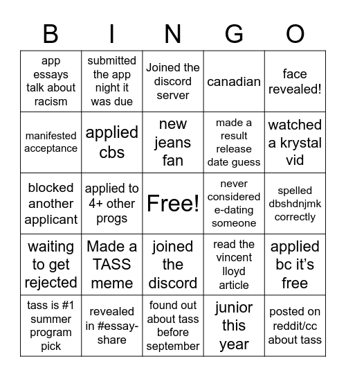 TASS Applicant Bingo Card