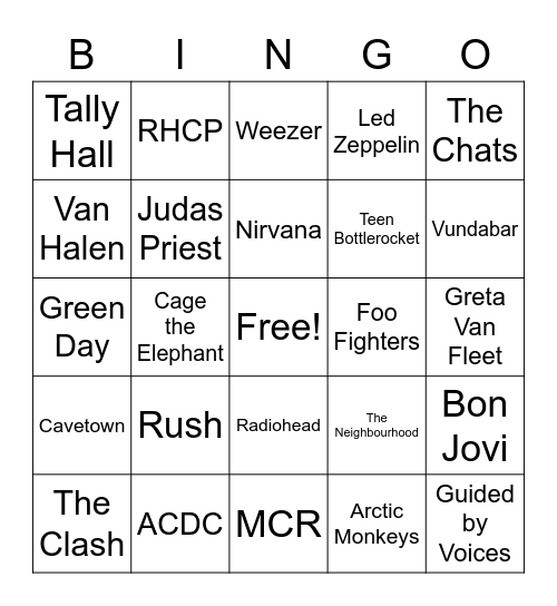 music Bingo Card