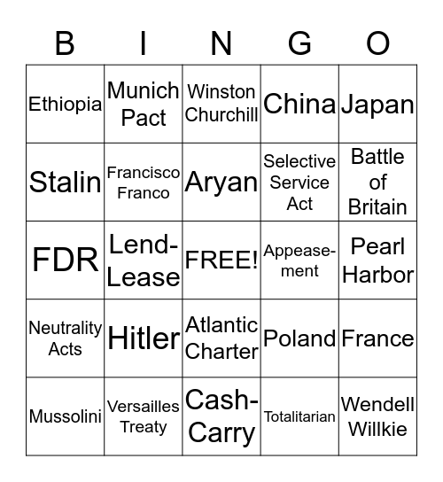 WWII Part One Bingo Card