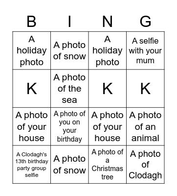 Selfie Bingo Card