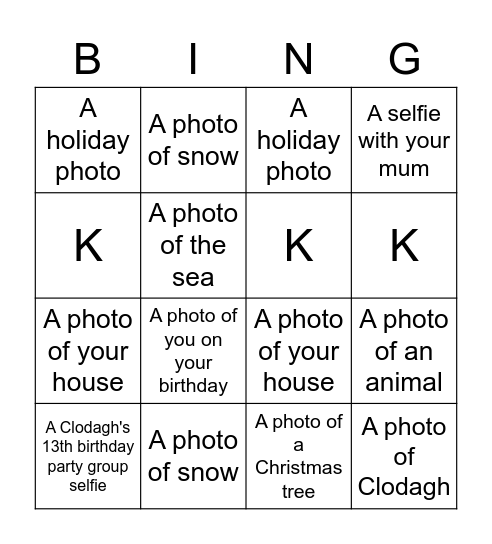 Selfie Bingo Card