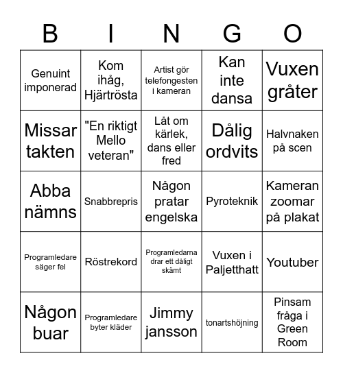 Melodifestivalen Bingo Card