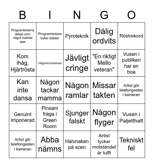 Melodifestivalen Bingo Card