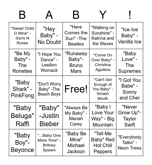 "Baby" Music BINGO! Bingo Card