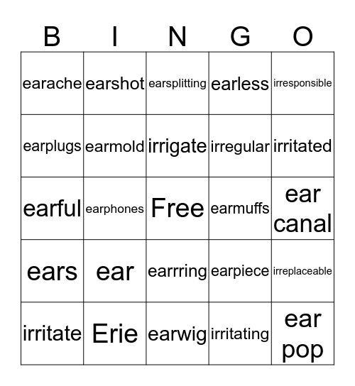 Vocalic "ear" Bingo Card