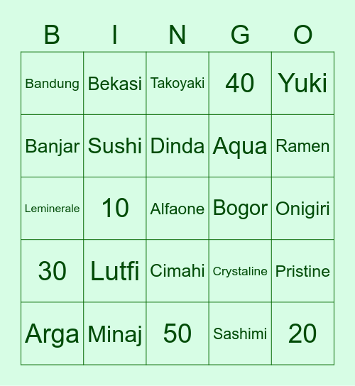 Aruna Bingo Card