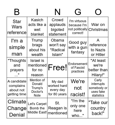 GOP Debate Bingo Card