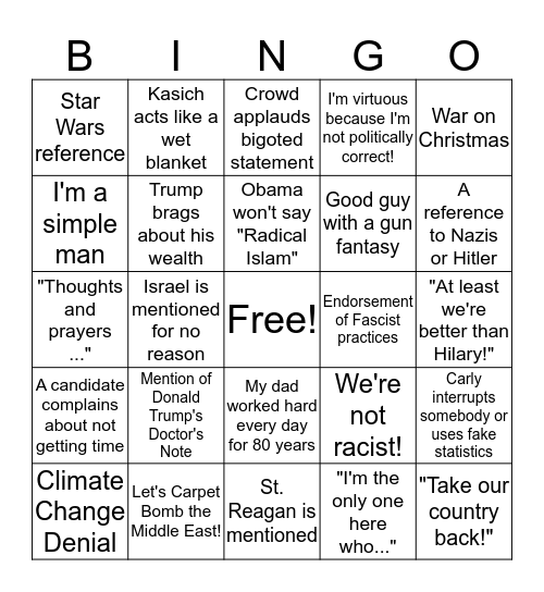 GOP Debate Bingo Card