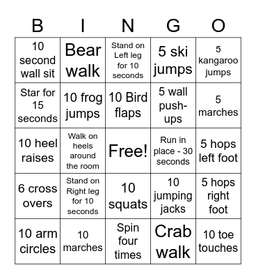 Exercise Bingo Card