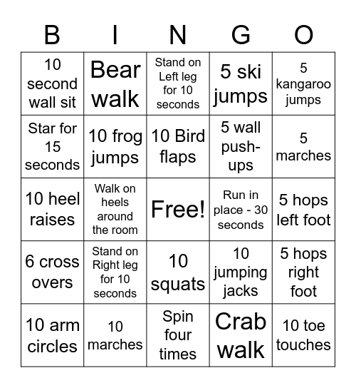 Exercise Bingo Card