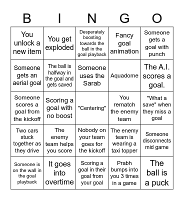 Rocket League Bingo Card