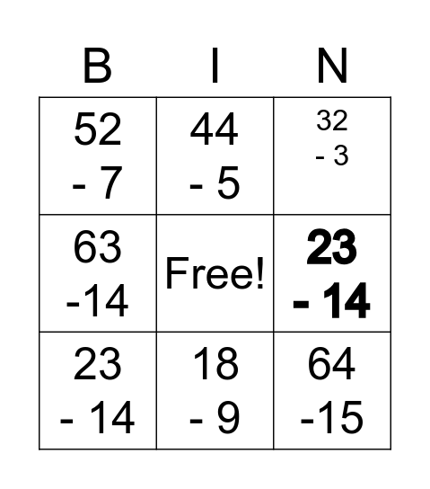 Subtraction Bingo Card