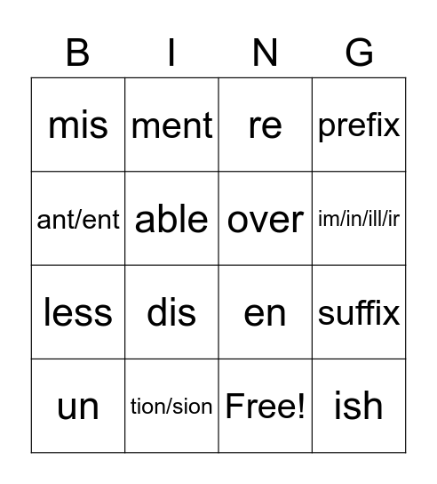 Affixes Bingo Card