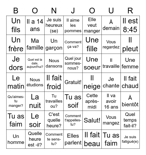 Français basique Bingo Card