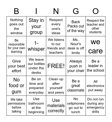Class Rules and Expectations Bingo Card