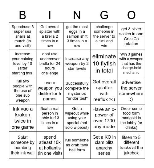Harder splatoon 3 bingo (2.0) Bingo Card