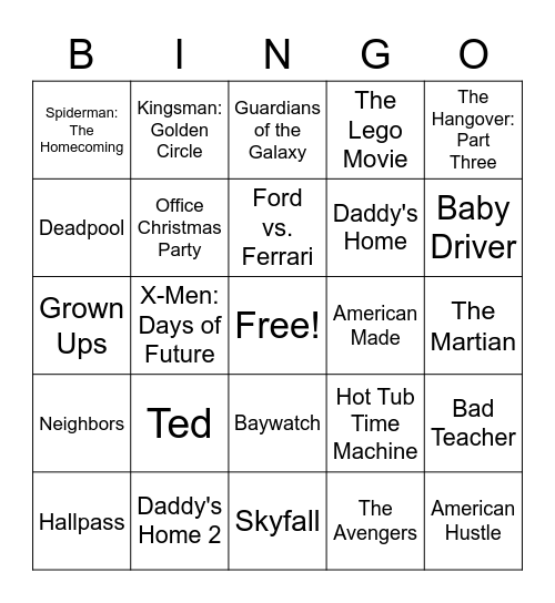 Songs from Movies 2010-2019 Bingo Card