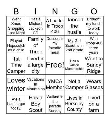 Troop 406 Holiday Potluck Bingo Card