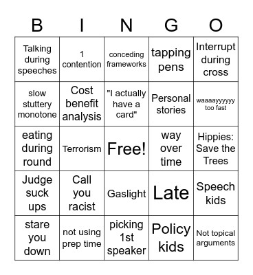 Public Forum Debate Bingo Card