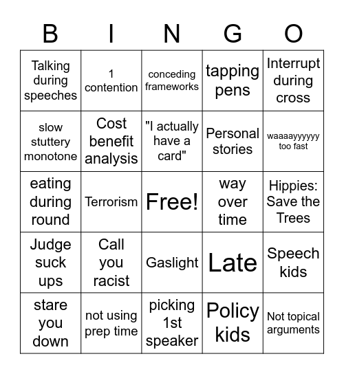 Public Forum Debate Bingo Card