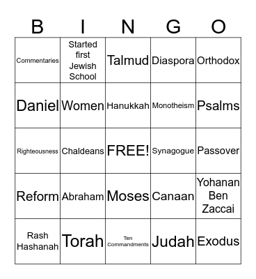 Chapter 8 Judaism Bingo Card