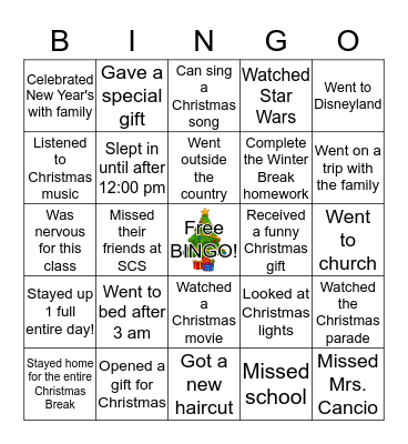 Winter Break Ice-Breaker Bingo Card