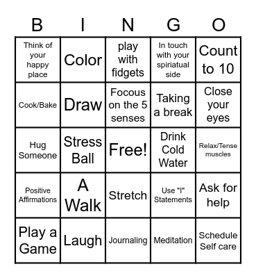 Coping Skills Bingo Card