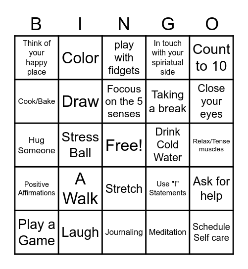 Coping Skills Bingo Card