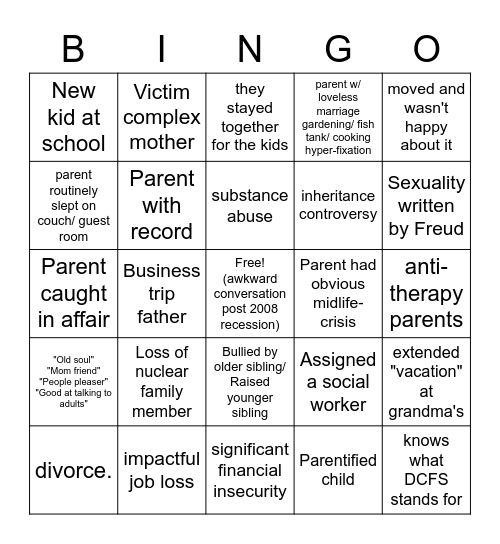 suburban dysfunction bingo Card