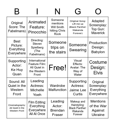 Oscars Bingo Card