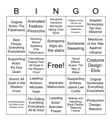 Oscars Bingo Card