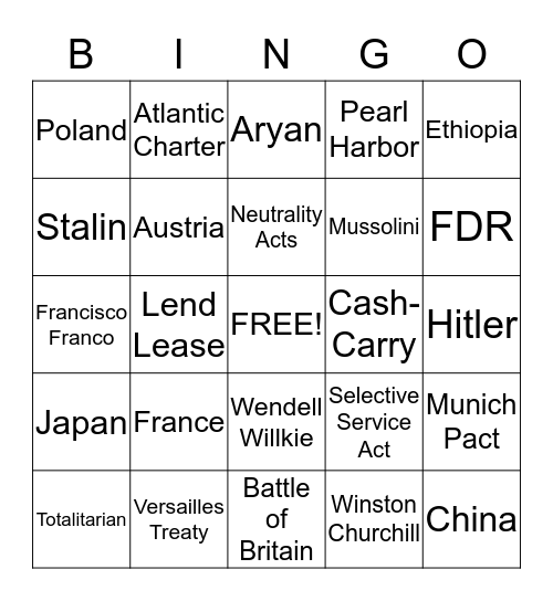 WWII Part One Bingo Card