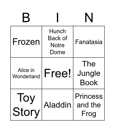 Disney Movies Bingo Card