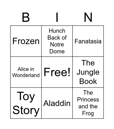 Disney Movies Bingo Card