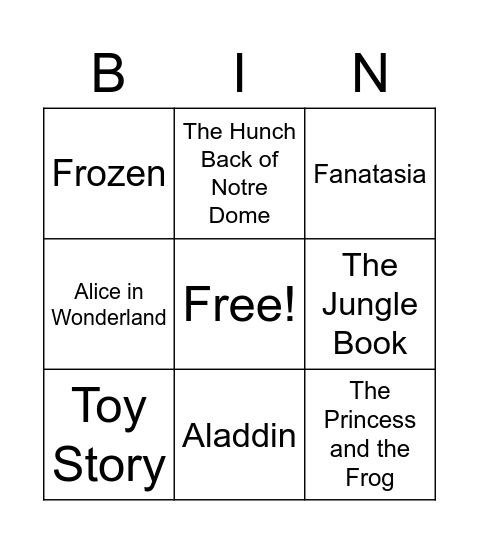 Disney Movies Bingo Card
